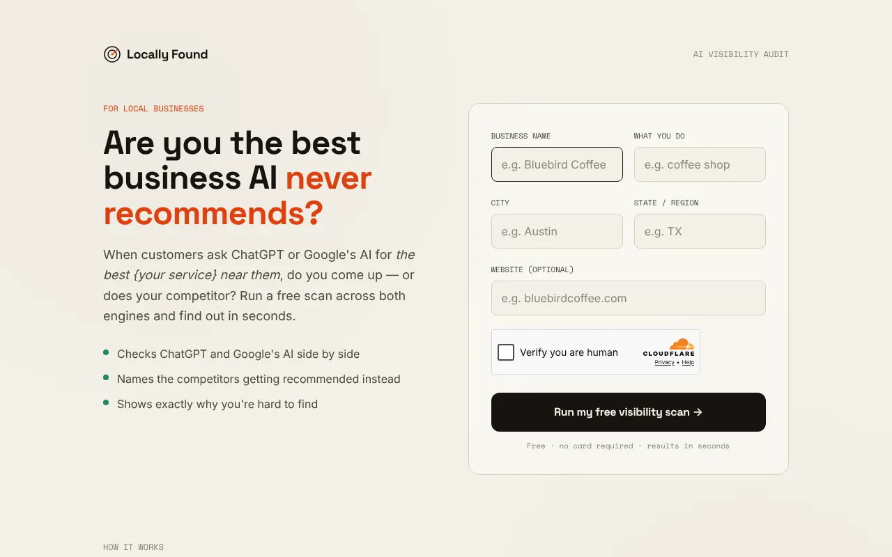 Homepage of locallyfound.app: headline 