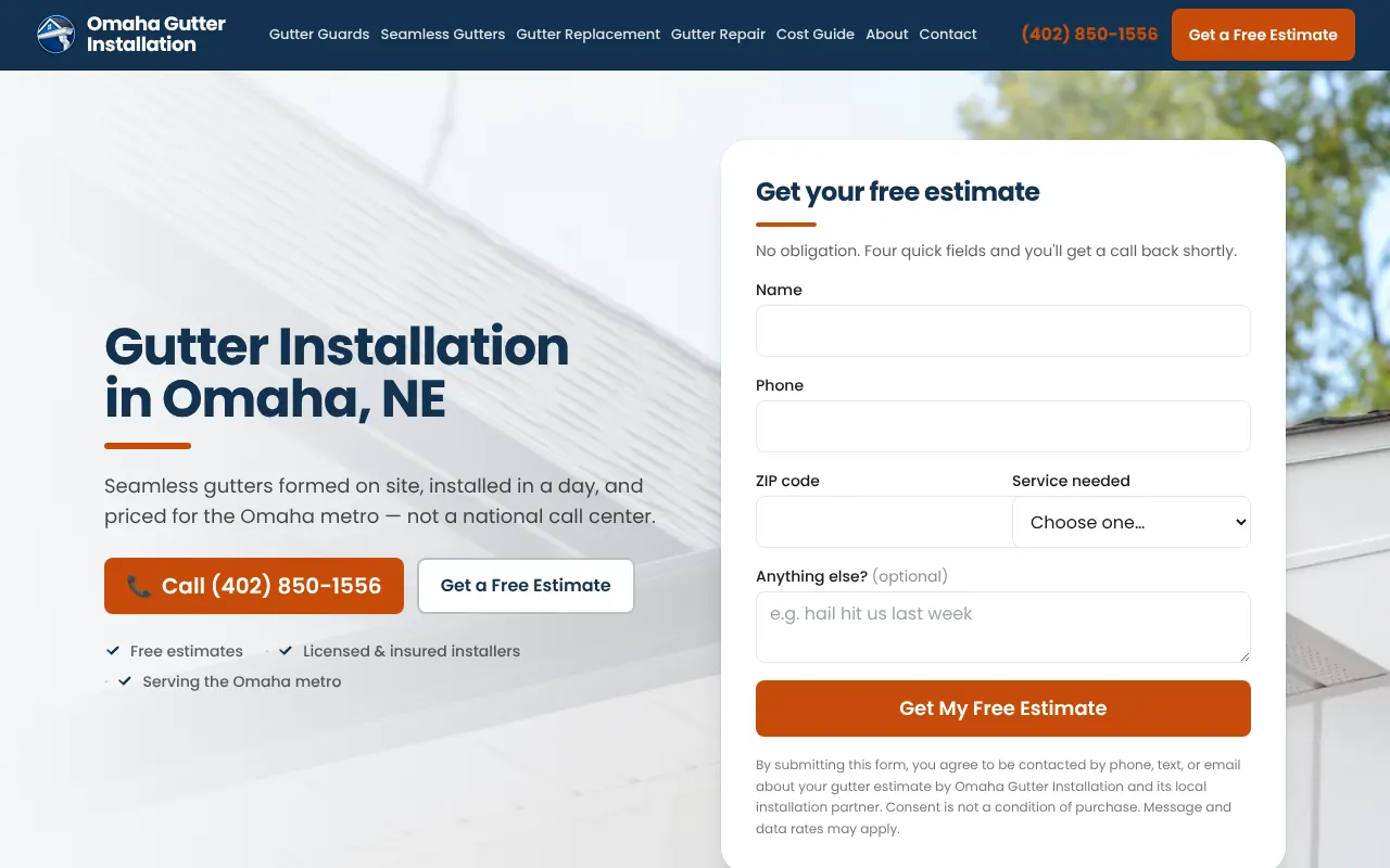 Homepage of omahagutterinstallation.com: 