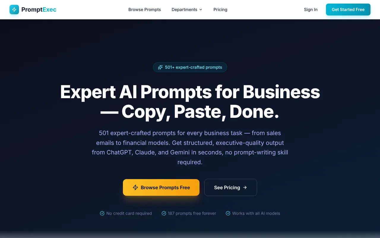 Homepage of usepromptexec.com: dark hero reading 
